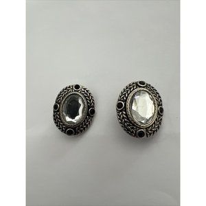 Vintage Earrings Clip On  Signed L. Bott Oval Faceted Crystal Silvertone